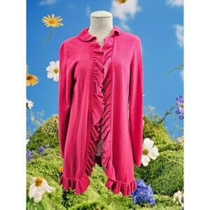 Women's M Magaschoni Cashmere Ruffle Open Front Cardigan Sweater Preppy Pink EUC